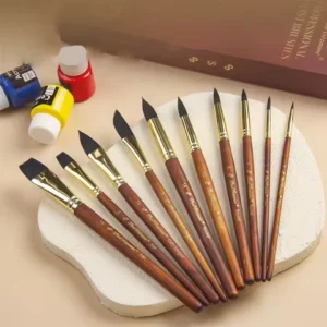 10-piece Walnut Wood Copper Tube Paint Brush Set with Synthetic Squirrel Hair Mixed Heads, Specialized Art Brushes