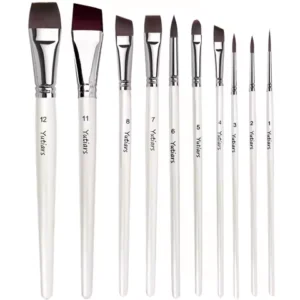 10pcs Professional Artist Paint Brush Set, White Handle, Nylon Bristles,Flat & Angled Brushes for Face Painting, Watercolor