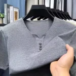 2025 New Men's Business Casual Three Button V-neck Short Sleeved T-shirt Korean Style Summer Comfortable Versatile Top