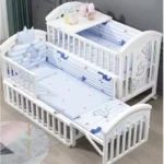 2025New Solid Wood Baby Crib Movable Splicing Bed Multifunctional Baby Rocking Bed Adjustable Guardrail Height with Mosquito Net