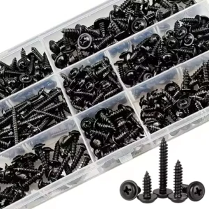 250/340pcs Self-Tapping Screw Set - M3/M4/M3.5/M5 Sizes, Pan Head Phillips Drive, Black Carbon Steel for Wood Furniture