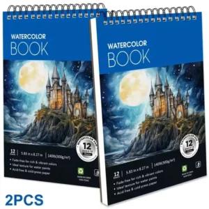 2pcs 12 Sheets Watercolor Sketchbook 14.81 x 21.01 cm, Watercolor Paper Cold Press (63.5KG/300gsm), Spiral Bound Water C