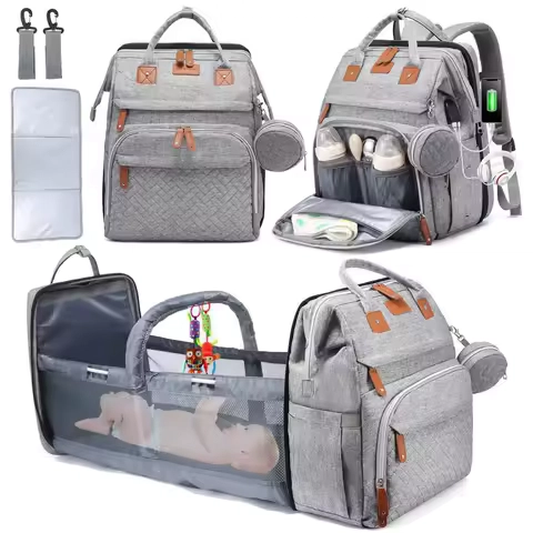 3 In 1 Diaper Bag Backpack Foldable Baby Bed Waterproof Travel Bag with USB Charge Nappy Stroller Bag with Changing Bed 3 types