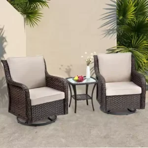 3-Piece Wicker Swivel Rocker Patio Set, 360Â° Swivel Rocking Chairs With Tempered Glass Side Table, Outdoor Bistro Furniture