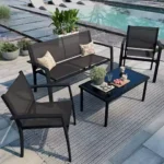 4-Piece Outdoor Patio Set with Glass Table, Loveseat & Chairs for Garden, Lawn, Porch - Black