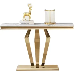 47 inch White Marble Console Table with Stainless Steel Metal D-Base, 47" Rectangle Faux Marble Sofa Table Modern Console Table