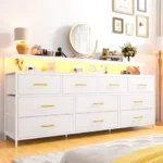 55" Wide Smart Dresser with LED Lights & Power Outlets â 10 Fabric-Drawer Storage & Metal Frame for Bedroom Organization