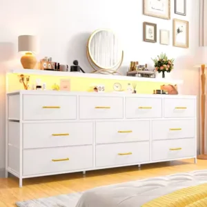 55" Wide Smart Dresser with LED Lights & Power Outlets â 10 Fabric-Drawer Storage & Metal Frame for Bedroom Organization