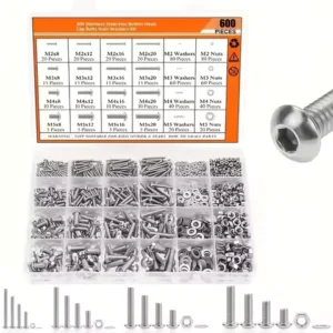 600pcs Stainless Steel Hardware Kit - M2,M3,M4,M5 Sizes with Button Head Screws,Bolts,Washers & Nuts