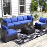 7-Piece PE Rattan Sectional Patio Set, Wicker Outdoor Sofa With Cushions & Glass Coffee Table, Conversation Furniture For Garden