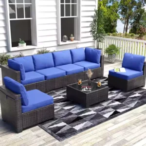 7-Piece PE Rattan Sectional Patio Set, Wicker Outdoor Sofa With Cushions & Glass Coffee Table, Conversation Furniture For Garden
