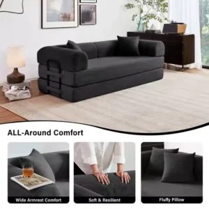 79'' Boneless Couch Foldable Convertible Futon Sleeper Sofa Bed Floor Lounge with L-Shaped Armrests for Living Room Sofas