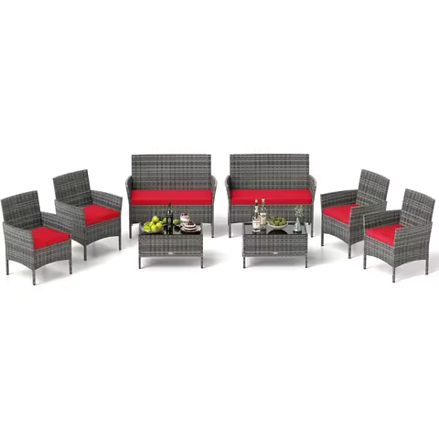 8 Pieces Patio Rattan Conversation Set Outdoor Wicker Furniture Set with Cushioned Chair Loveseat Tempered Glass Table