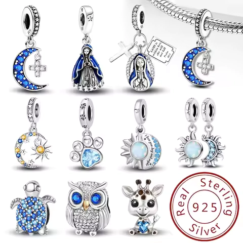 925 Sterling Silver Blue Owl Cross Sun Moon Stars Charms Bead Diy Bracelet Making Gift of High Quality Fine Jewelry for Women