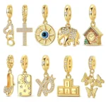 925 Sterling Silver Charms Beads Golden Cross Elephant Butterfly Pendant Fit Women Original Bracelet DIY Christmas Gift