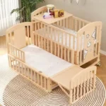 Baby Comfortable Sleeping Bed Solid Wood Newborn Baby Bed Multifunctional Baby Rocking Bed with Wheels and mosquito net