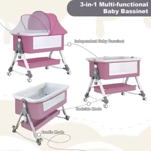 Baby Crib Portable Splicing Cradle Bed Foldable Height Adjustable 3 in 1 Bassinet Bedside Sleeper with Wheels mosquito net