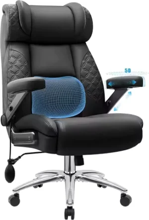 Big and Tall Office Chair 600lbs with 5D Flip Arms, Heavy Duty Executive Leather Office Chairs, Dual Rubber Wheel
