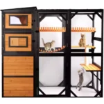 Catio Outdoor Cat Enclosures, Large 4 Tiers Wood Cat House, Cat Enclosure Connect to Window with Weatherproof Roof, 4 Platforms