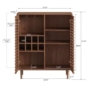 Century Bar Cabinet with Wine Racks, Modern Liquor Cabinet with Slatted Doors for Dining Room, Living Room Walnut Color