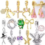 Charms Original 925 Sterling Silver Gold Ballet Shoes Bow Angel Heart Cross Charm Bead fit Bracelet Bangle Pendant Woman Jewelry