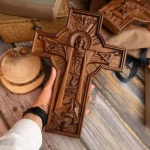 Christian Wooden Easter Catholic Cross Jesus Statue, Interior Religious Wall Decoration Baptismal Gift