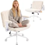 Criss Cross Chair with Adjustable Flip-Up Arms,Cross Legged Chair with Wheels, Extra Wide Office Chair,Cozy Desk Chair