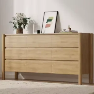 Dresser for Bedroom, 63 Wide Mid Century Modern Chest of Drawers with 9 Large Storage Space and 4 Solid Wood Cylindrical