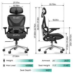 Ergonomic Mesh Office Chair, Adjustable Lumbar High Back Desk Chair 400lbs, 4D Flipup Arms, 3 Tilt Backrest, 3D Headrest, PU Wh
