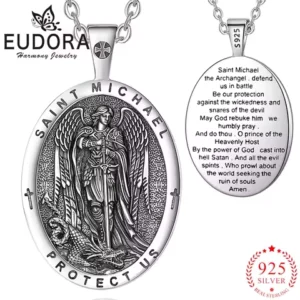 Eudora New 925 Sterling Silver Saint Michael Archangel Necklace Christian Amulet Medal Pendant Protection Jewelry Gift for Men