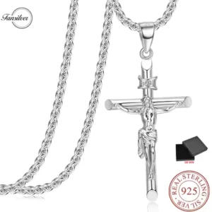 Fansilver 925 Sterling Silver Cross Pendant Necklace for Men Women Crucifix Necklace Stainless Steel Chain Jesus Cross Necklace