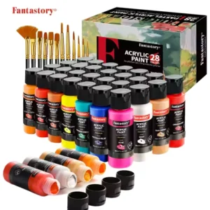 Fantastory 28 Classic Colors Acrylic Paint Set, Professional Craft Paint With 12 Brushes, Suitable for Wood/ Stons/ Model/ Rock