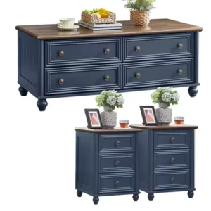 Farmhouse 54'' Wood Coffee Table & 18'' Chest Nightstand Set Roman Column 3 Drawers Living Room Furniture ,Customized
