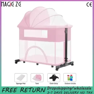 Foldable Baby Bed Crib with Wheels & Storage Basket, 3-Height Adjustable Bassinet, Anti-Choke Design, Removable Washable Mattres