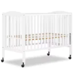 Full-Size Folding Baby Crib in White, Portable with Quick Fold System, Strong Wheels, Adjustable Mattress Heights