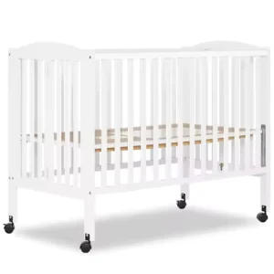Full-Size Folding Baby Crib in White, Portable with Quick Fold System, Strong Wheels, Adjustable Mattress Heights