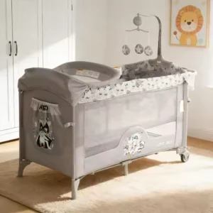 GarveeHome 4 in 1 Baby Bassinet Pack and Play Bedside Crib Sleeper Portable Crib with Zip Door Changing Table Locking Wheels Bo