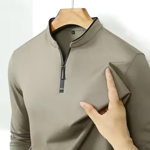 High-Quality Men's Half-Zip T-Shirt Wrinkle-Resistant Long Sleeve Casual Business Top