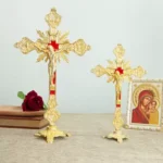 HTISOK Catholic Church Cross Metal Crafts Golden Plated Standing Crucifix Prayer Cross Standing Jesus Crucifix Altar Cross