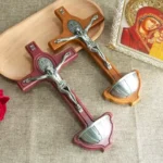 HTISOK Catholic Wall Wooden Cross Spiritual Religious Cross With Holy Water Cup Jesus Statue Catholic Church Home Decoration