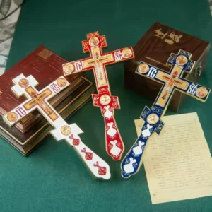 HTISOK Orthodox Cross Blessing Cross With Stand For Church Home Decoration Passion of Jesus Icon Red and Blue Enomal Cross