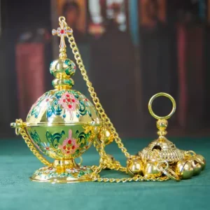 HTISOK Orthodox Incense Burner Gold Plated Censer with Enamel Home Hanging Incense Charcoal Burner Church Sacrificial Supplies