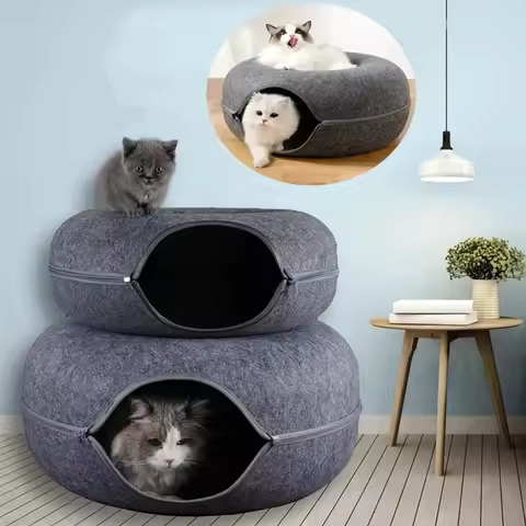Interactive Round Small Cat Tunnel Nest Felt Kittens Bed House Scratcher Cat Donut Sleeping Pet Toy for Cats