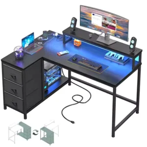 L Shaped Computer Desk with LED Lights & Power Outlet Reversible Corner Desk with 3 Drawers & Monitor Stand Gaming Desk for Home