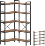 L-Shaped Corner Bookshelf with 10 Open Shelves, Adjustable Feet, Rustic Brown - Metal Frame & Wooden Board