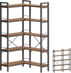 L-Shaped Corner Bookshelf with 10 Open Shelves, Adjustable Feet, Rustic Brown - Metal Frame & Wooden Board