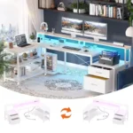 L Shaped Desk with Power Outlet, Reversible L Shaped Computer Desk with File Drawer & Monitor Stand, Gaming Desks with LED Strip