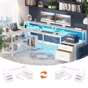 L Shaped Desk with Power Outlet, Reversible L Shaped Computer Desk with File Drawer & Monitor Stand, Gaming Desks with LED Strip