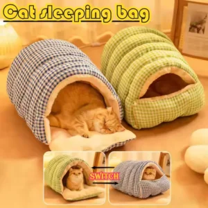 Large all-season cat house (including a warm winter bed) â with decorative panels and a fully enclosed comfortable sleeping bag.