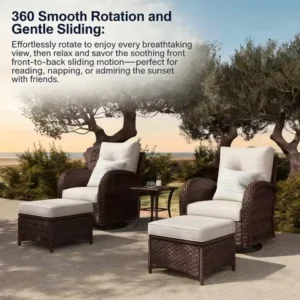 Luxury outdoor swivel rocking chair, 2-piece set with 6-inch thick cushion and side table; 5-piece high-back rattan swivel outdoor furniture set, suitable for porches, balconies, and patios, beige